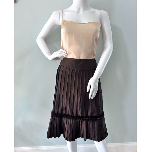 Vintage Y2k Brown Pleated Silk Skirt High Waist Textured Hem A-Line Lined size 6 - Picture 1 of 7